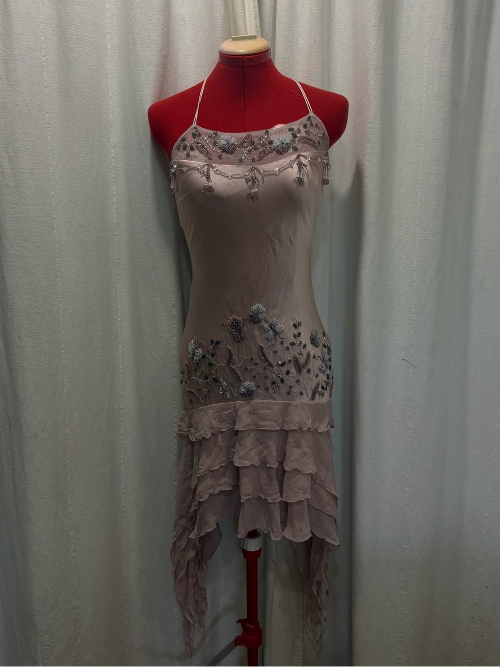 💕 SUE WONG Silk Beaded Butterfly Floral Spiral Flapper Style Dress